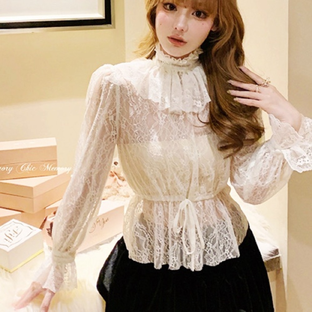 Japanese Kawaii Victorian Style Cream Lace Ruffle Ribbon Shirt Blouse Top